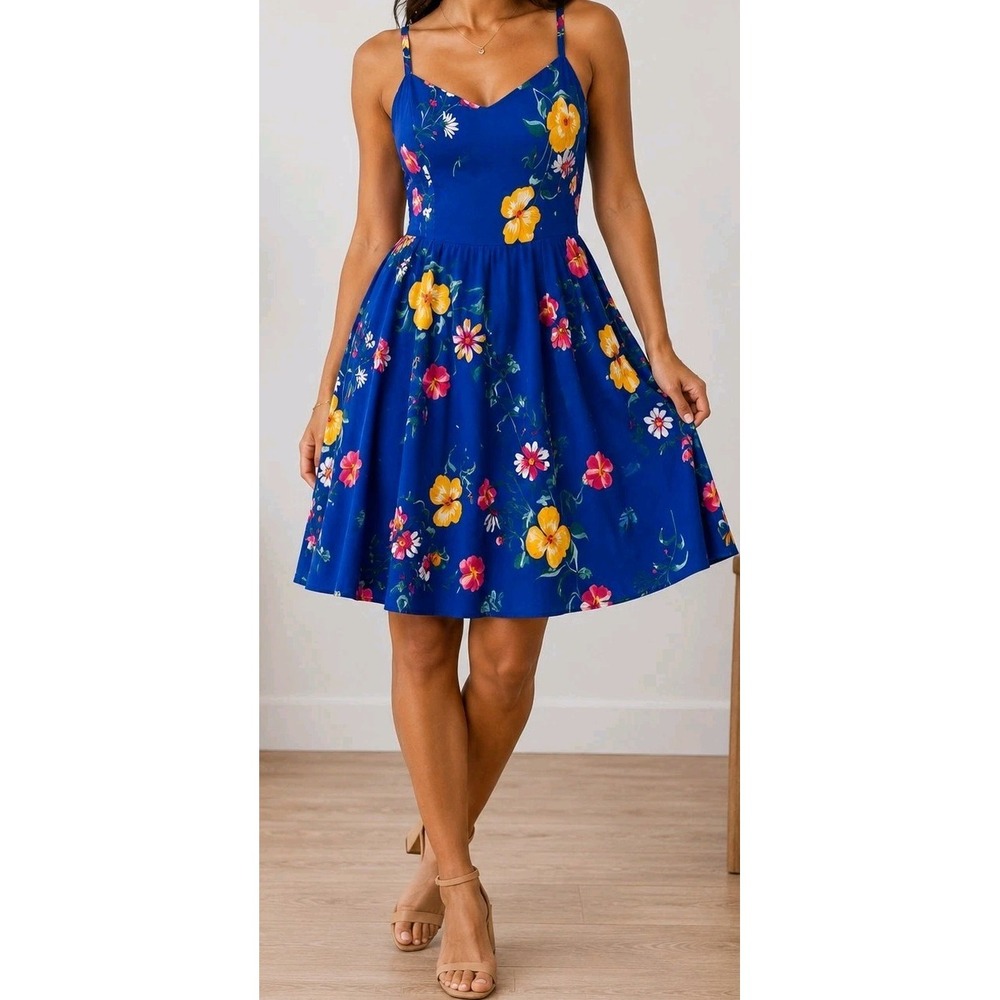 Old Navy Womens L Blue Floral Cami Sundress Fit Flare Spaghetti Strap